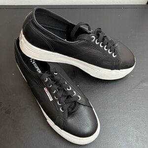 Superga Black Leather Platform Sneakers with White Sole - Women